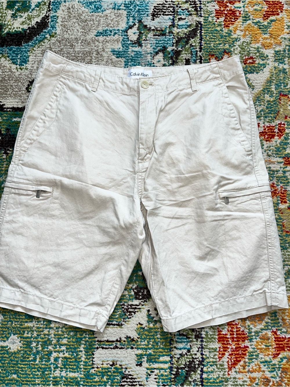 Calvin Klein Mens 34 Shorts Cargo Stone Linen Blend Flat Front Pocket Great